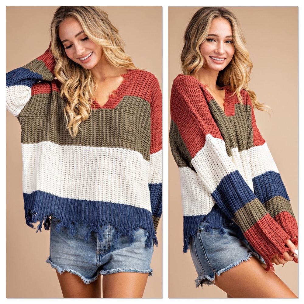 SALE Olive & Ivory Distressed Color Block Sweater - Picture 2 of 5